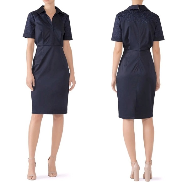 BADGLEY MISCHKA NAVY SATEEN FLORAL EMBROIDERED SHIRT COLLAR FITTED SHEATH DRESS - Picture 1 of 14